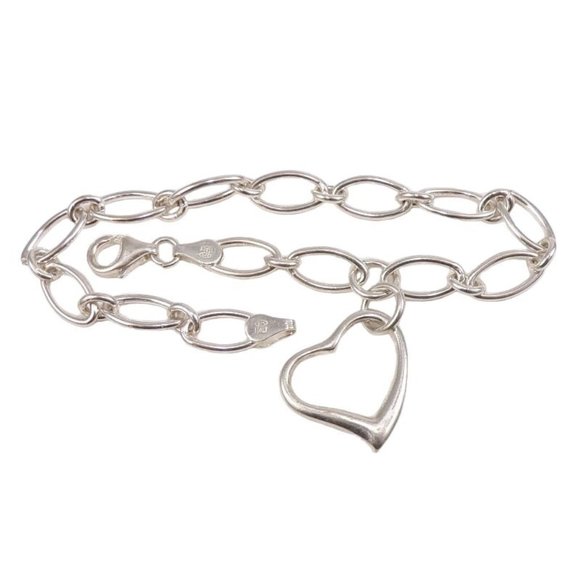 Sterling Silver Elongated Rolo Starter Charm Heart Chain Link Bracelet 7.5" 6mm - Picture 1 of 4